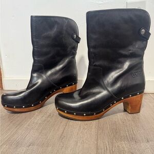 UGG Black Leather Clogs with Wooden Heel